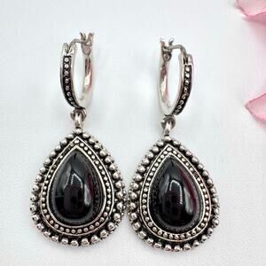 Premier Designs Black Teardrop Cabochon Bali Style Earrings Eastern Ethnic Boho